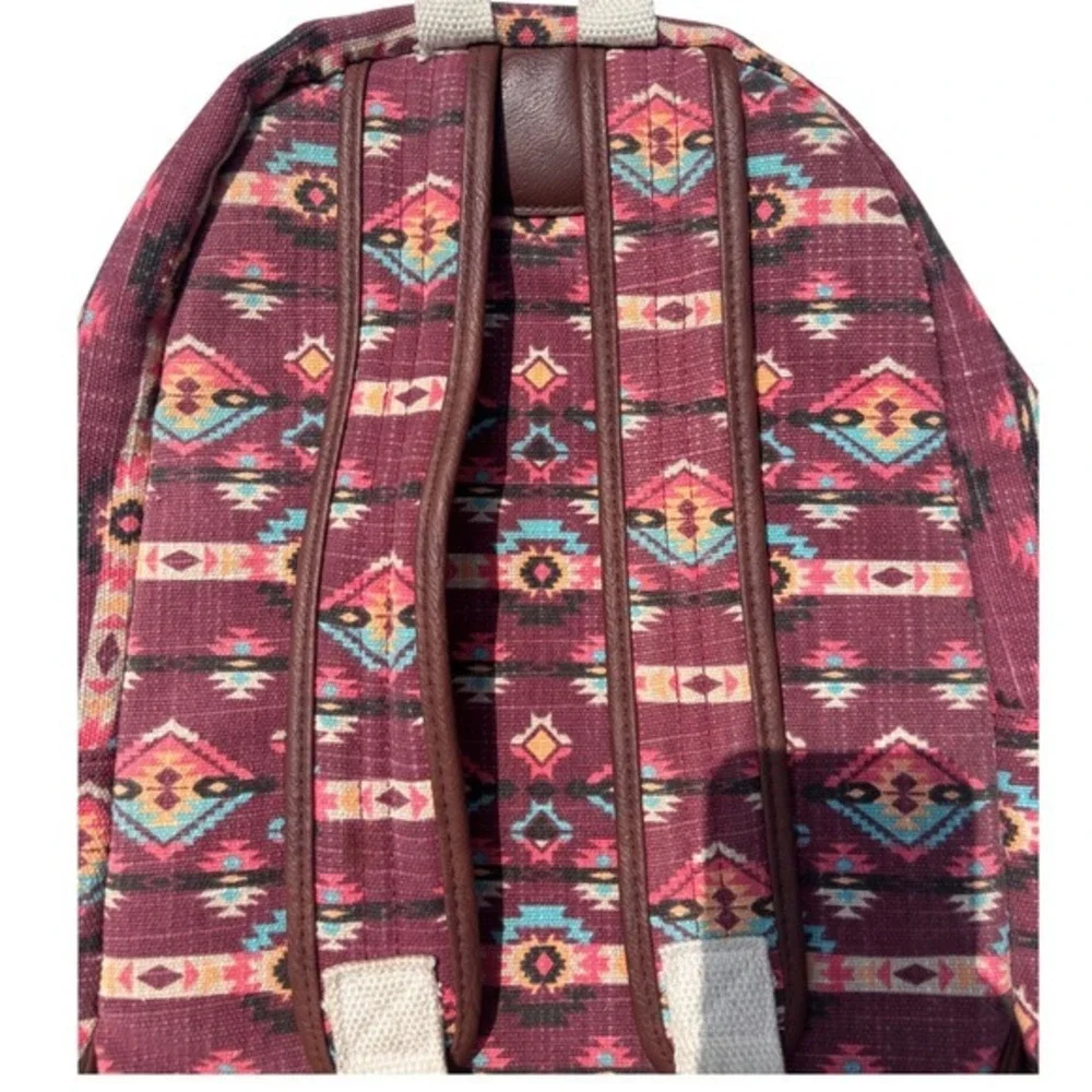 Southwestern Canvas Backpack Burgundy Brown Boho Multiple Pockets‎ Medium